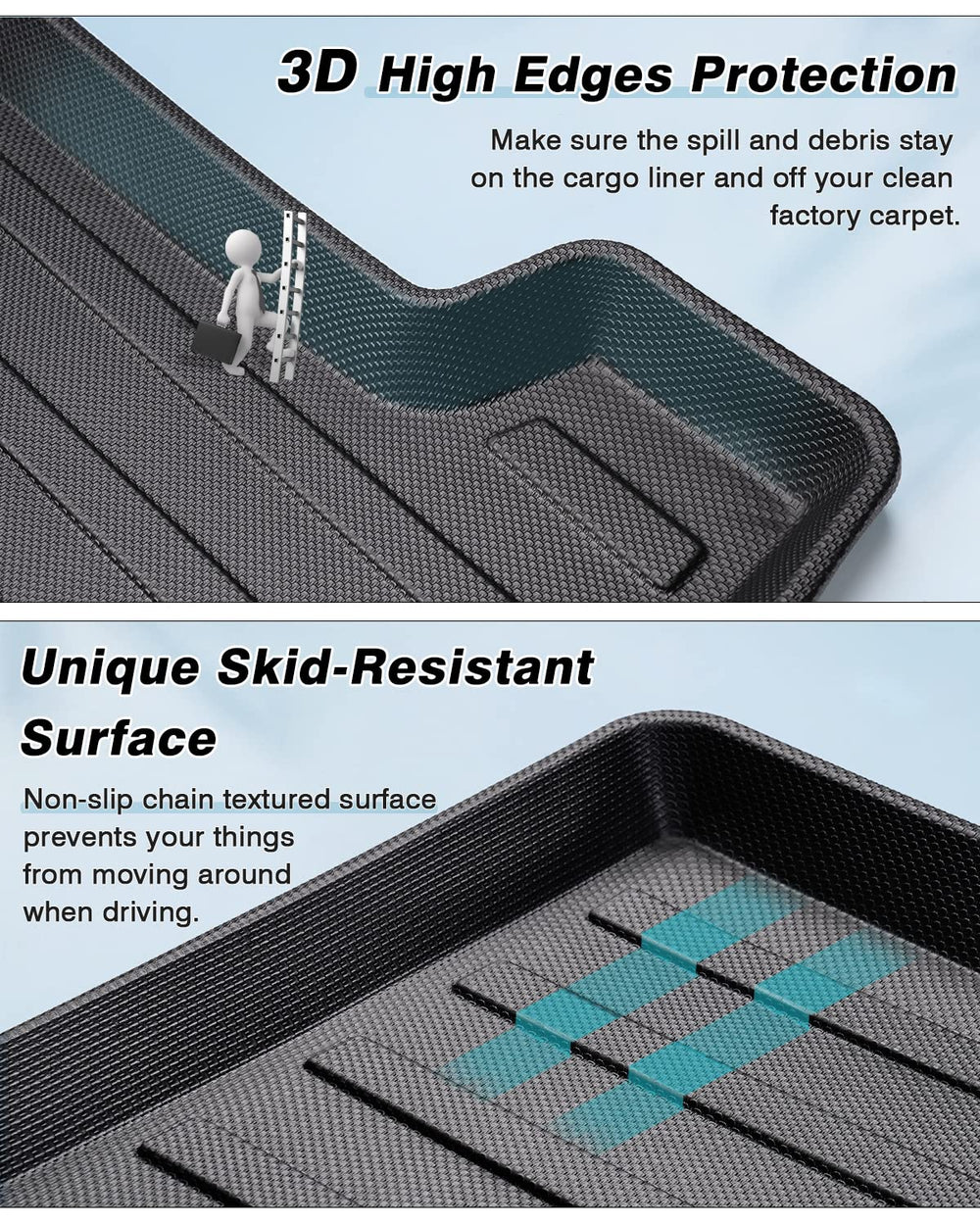 Mixsuper anti-slip textured trunk liner with raised edges protects cargo area from shifting items.