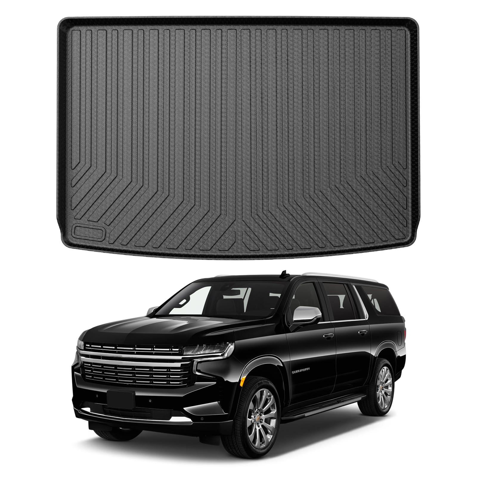 Mixsuper cargo liner for Suburban rear view with raised lip protects carpet.