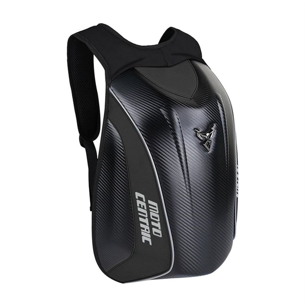 mjmoto motorcycle backpack with waterproof carbon fiber hard shell protects belongings in rain