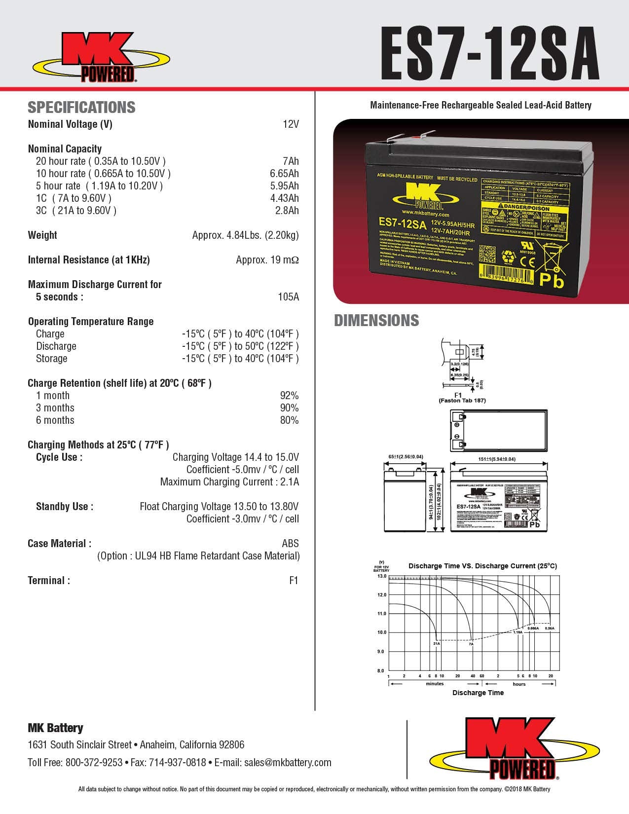 MK Battery ES7-12SA faston terminal for easy installation in security systems.