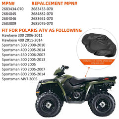 MMATI leather ATV seat cover on Polaris Sportsman 700 with snug OEM-like fit.