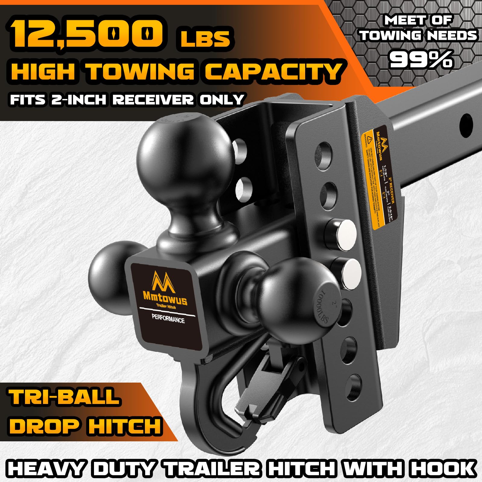 MMTowus adjustable drop hitch shows a 6-inch height range