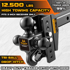 MMTowus adjustable drop hitch shows a 6-inch height range