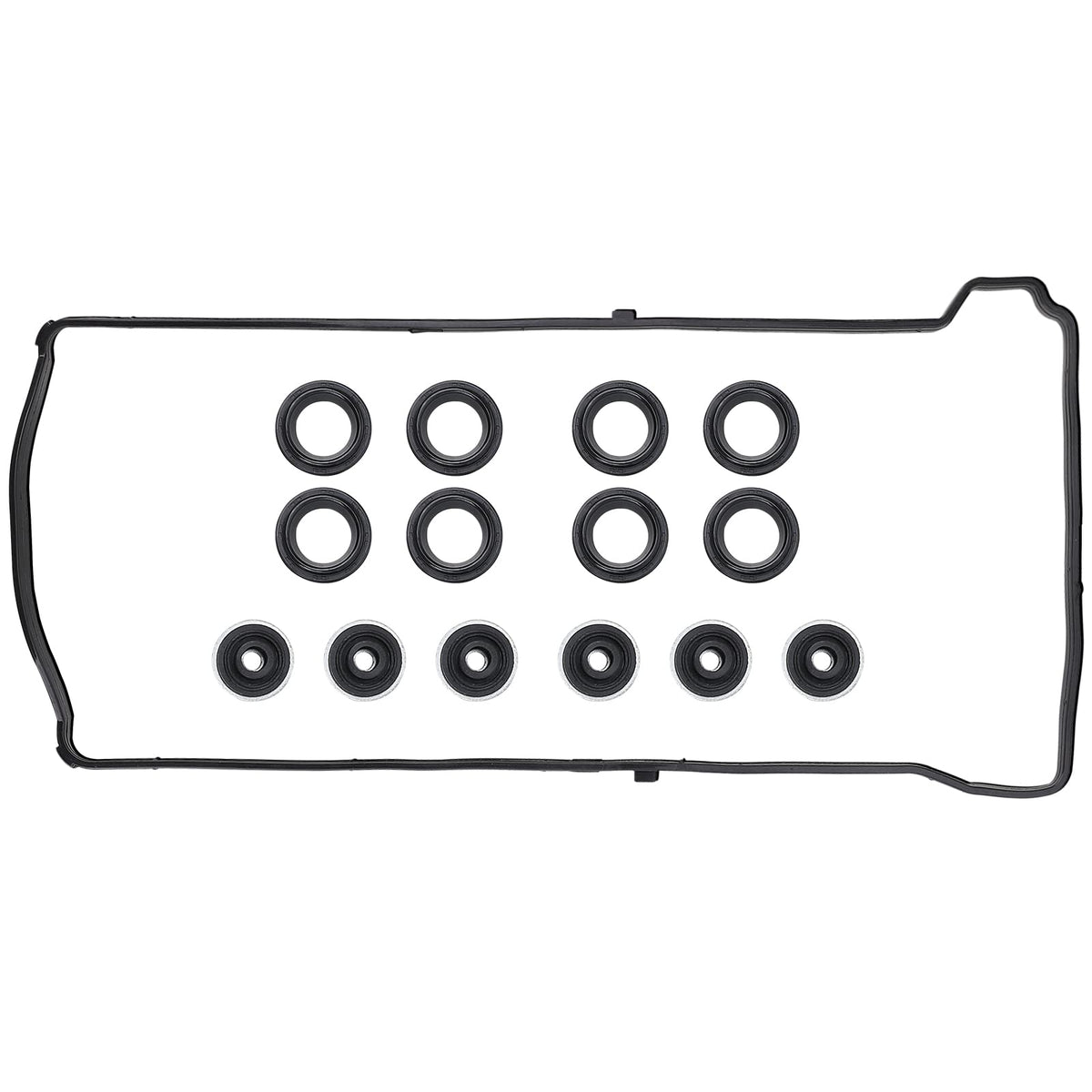 MNJWS valve cover gasket set closeup showing precise seals for oil leak prevention.