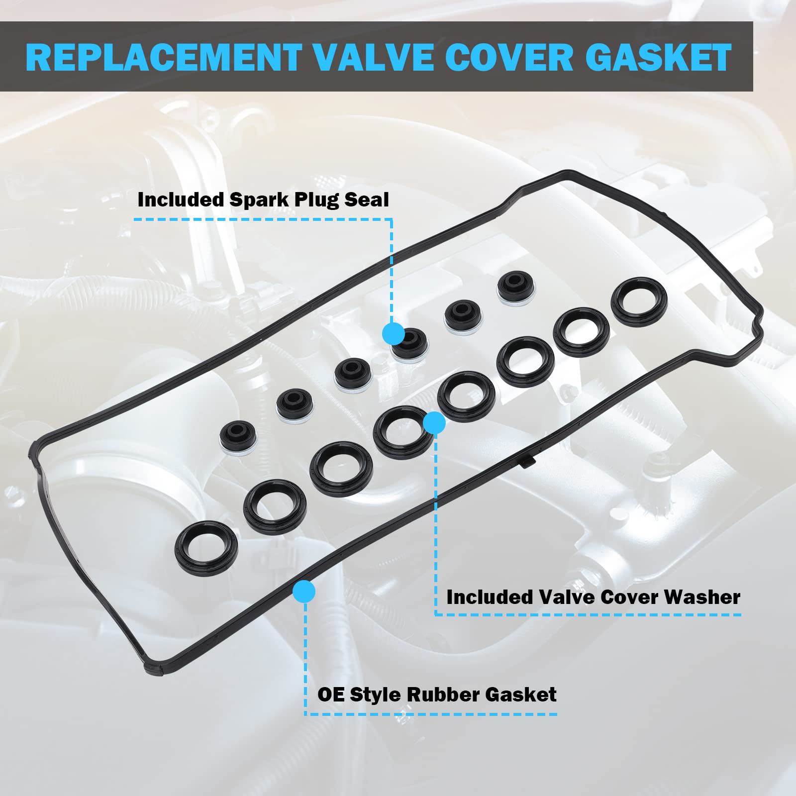 MNJWS valve cover gasket set displayed on engine bay mockup.