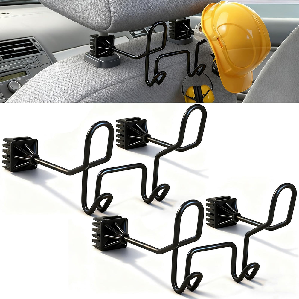 Moalaok hard hat holder with dual hooks installed on a truck headrest for helmet storage