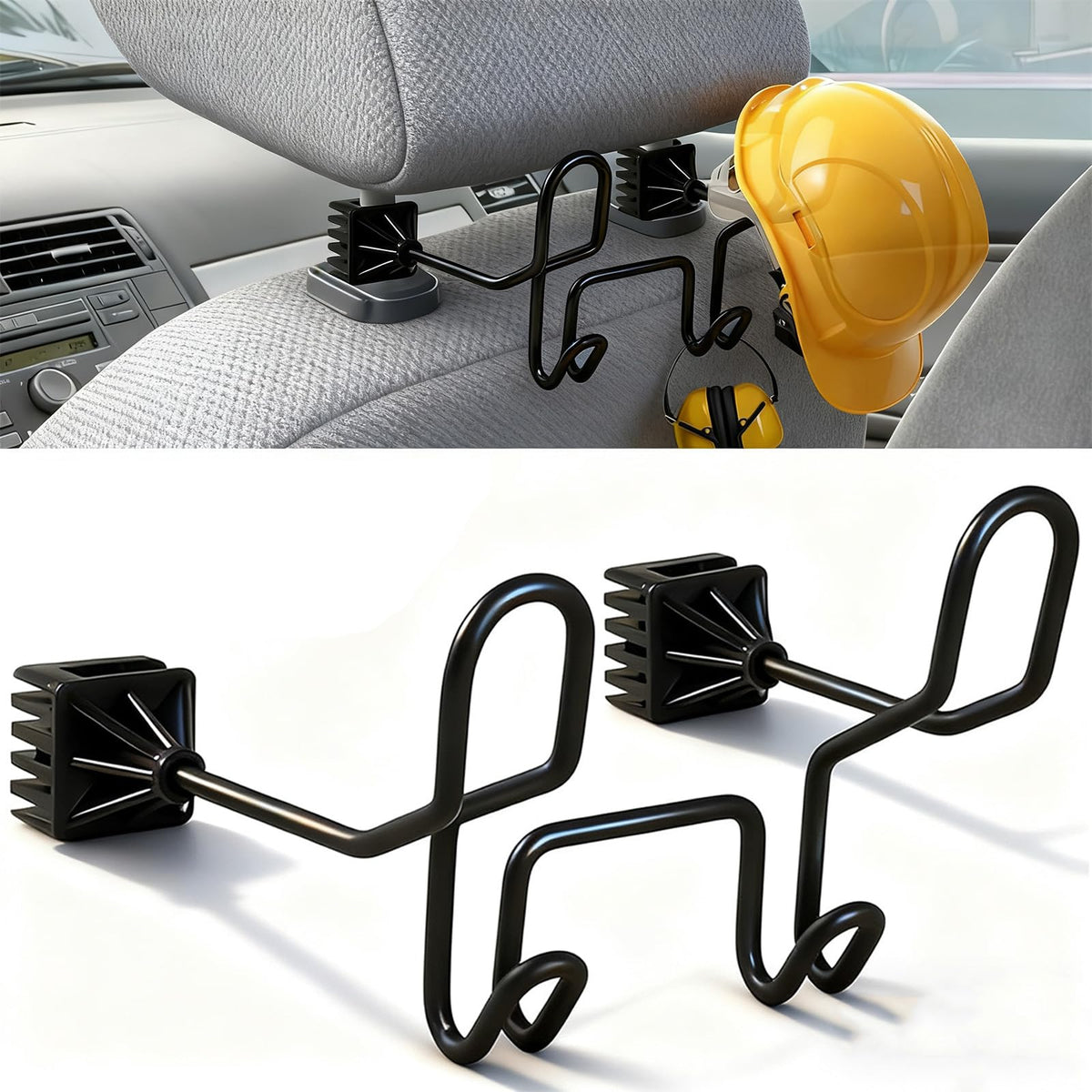 Moalaok hard hat holder upper hook secures two helmets on the truck seat.