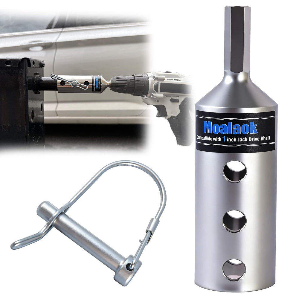 Moalaok trailer jack drill adapter on a 1-inch drive shaft enabling quick trailer hookups