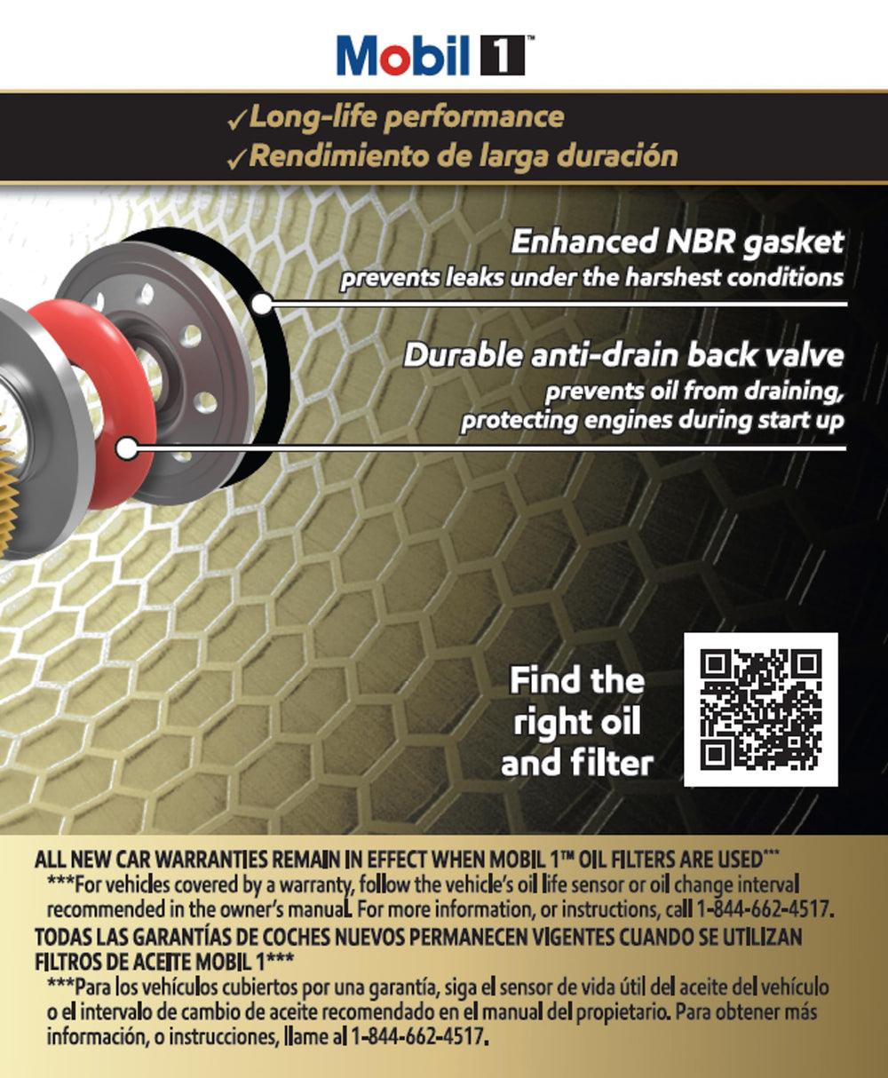 Mobil 1 Extended Performance oil filter gasket emphasizes leak resistance and sealing.