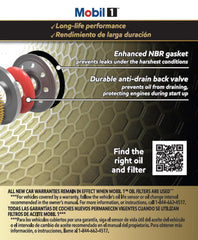 Mobil 1 Extended Performance oil filter gasket emphasizes leak resistance and sealing.