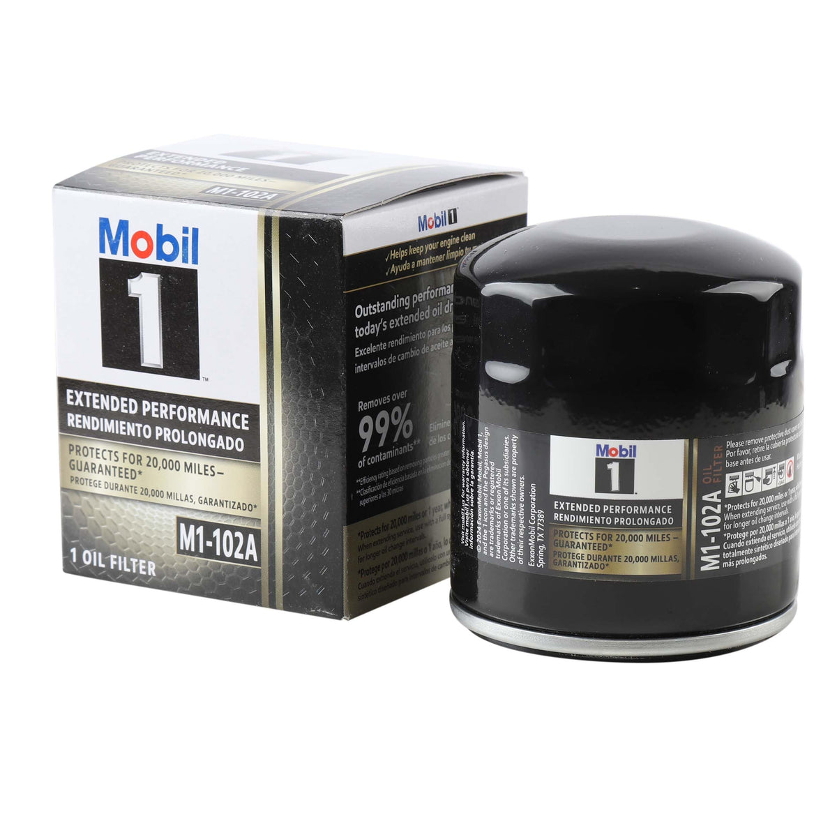 Mobil 1 M1-102A oil filter side view showing leak‑resistant seal for clean oil