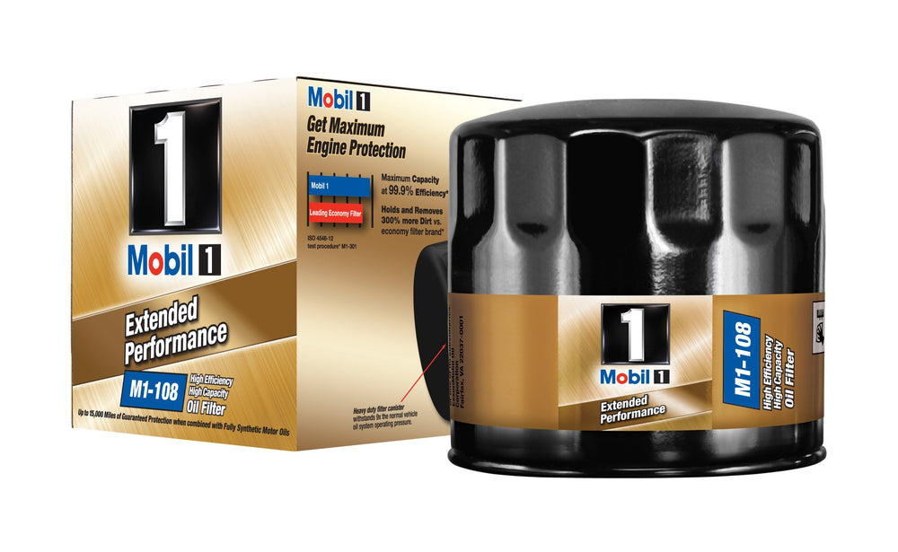 Mobil 1 M1-108 extended performance oil filter pack; long-life protection and debris filtration.