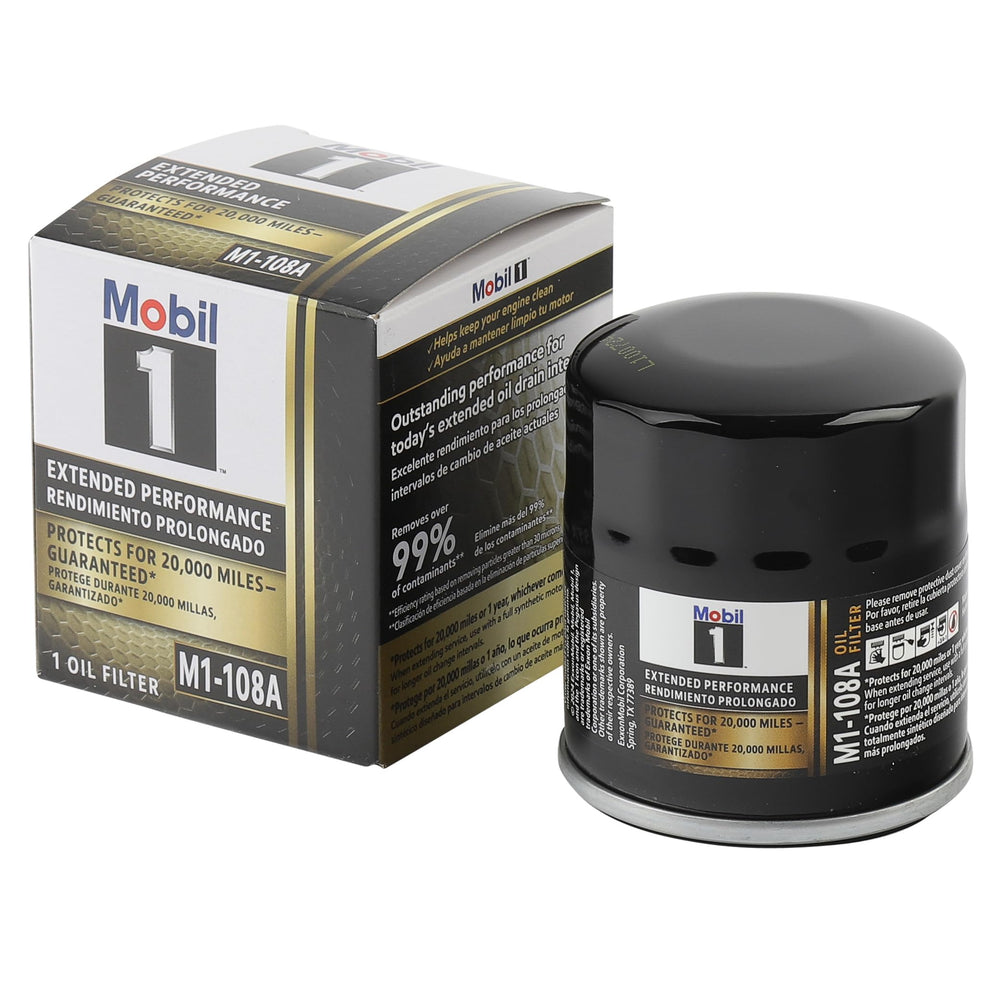 Mobil 1 M1-108A extended performance oil filter front view illustrating sleek design for longer oil life