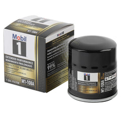 Mobil 1 M1-108A oil filter top view shows high-efficiency media.