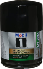 Mobil 1 M1-206A Extended Performance Oil Filter front view, showcasing filtration media and branding