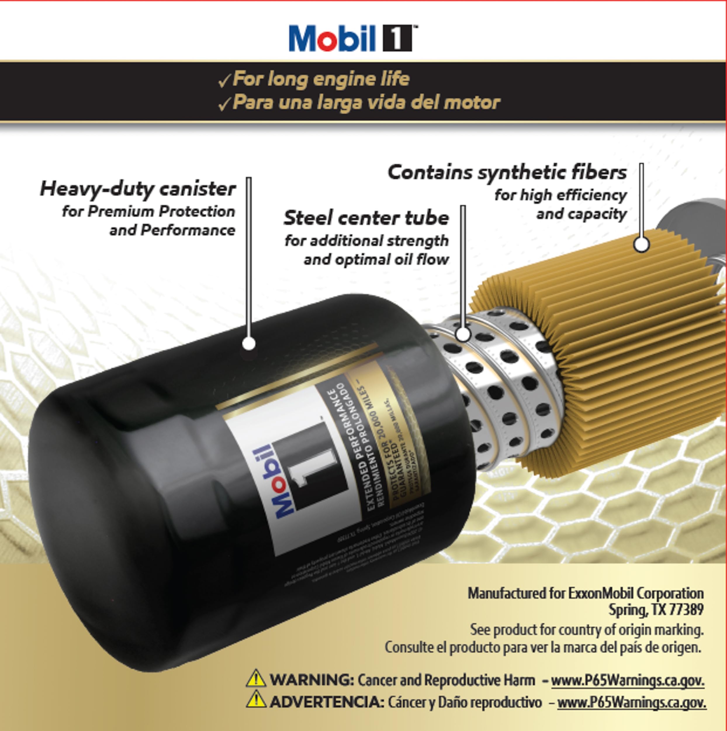 Mobil 1 M1-210A label detail highlighting high-efficiency media and contaminant removal.