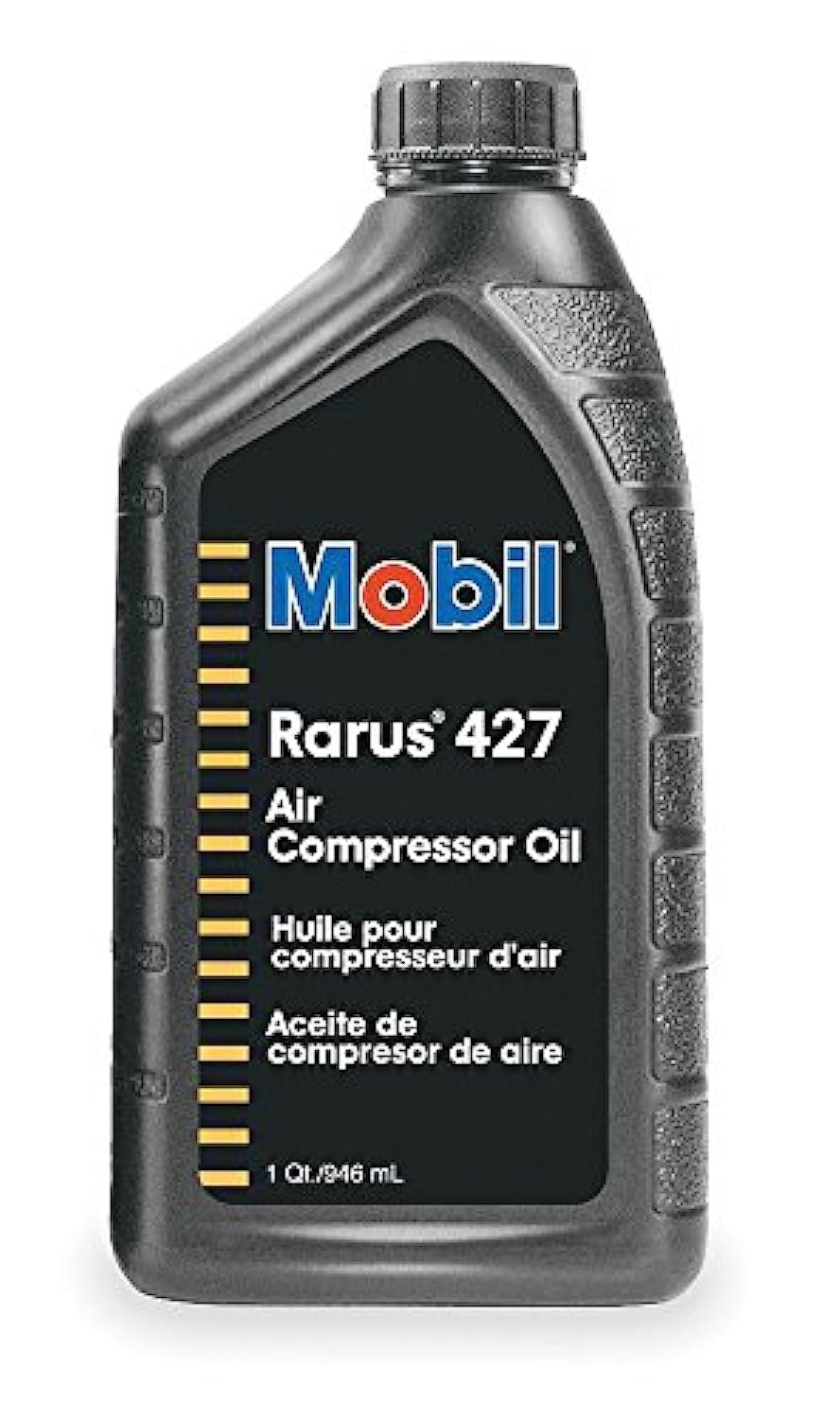 Mobil RARUS 427 compressor oil bottle supports smooth operation and wear protection.