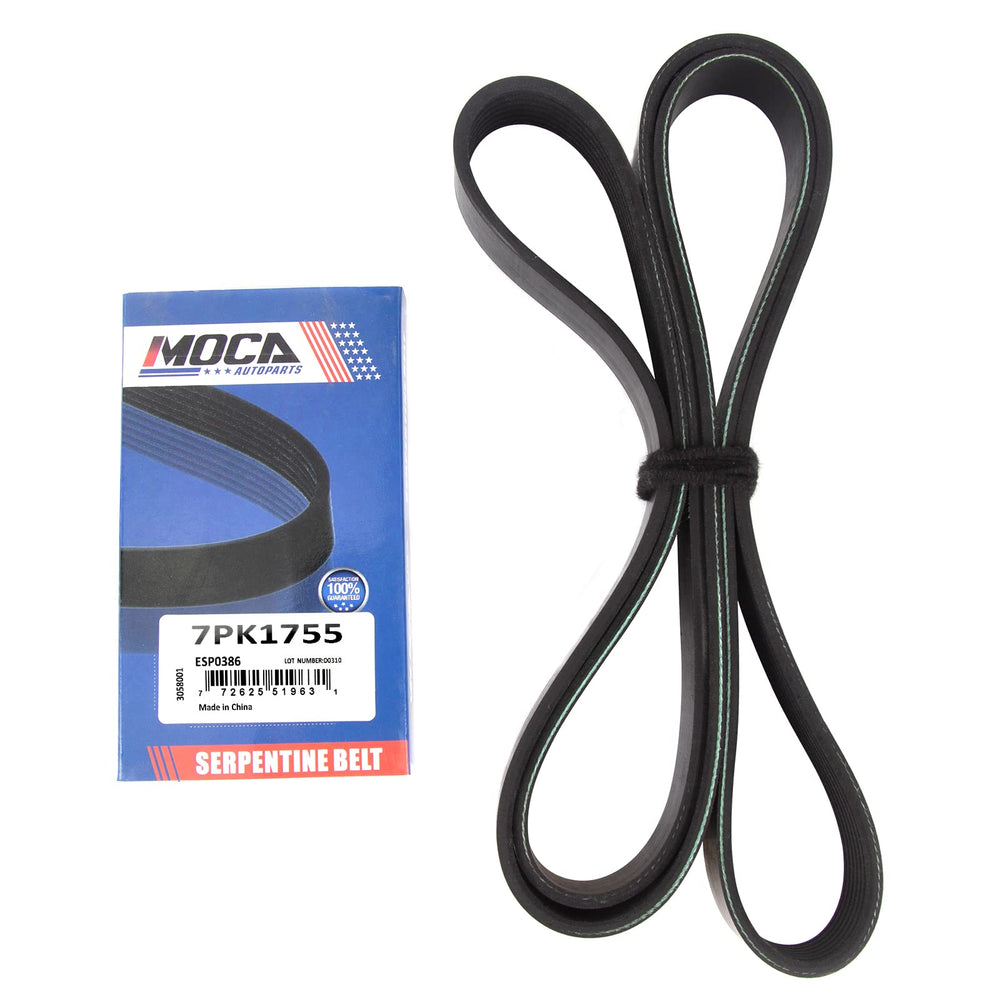 MOCA AUTOPARTS 7PK1755 serpentine belt packaging indicates ready-to-install replacement for DIY users.