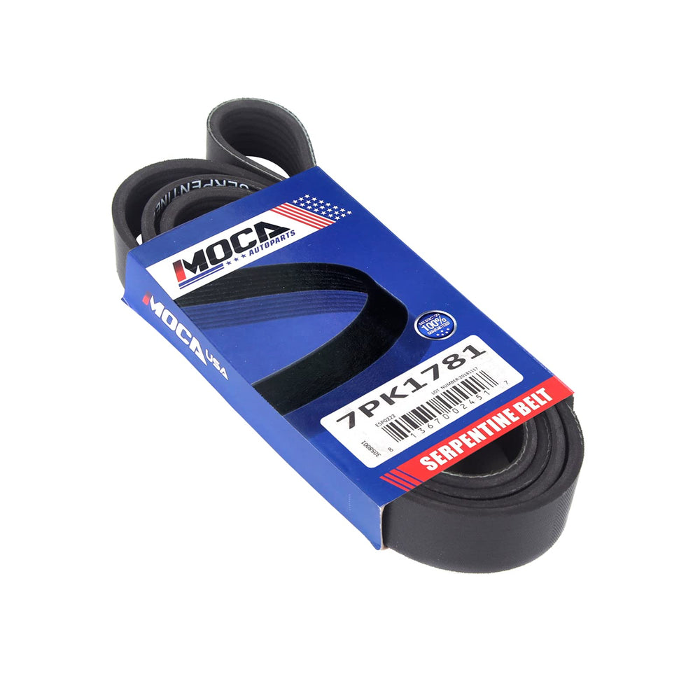 MOCA Autoparts 7PK1781 EPDM belt packaged box conveys warranty and quality.