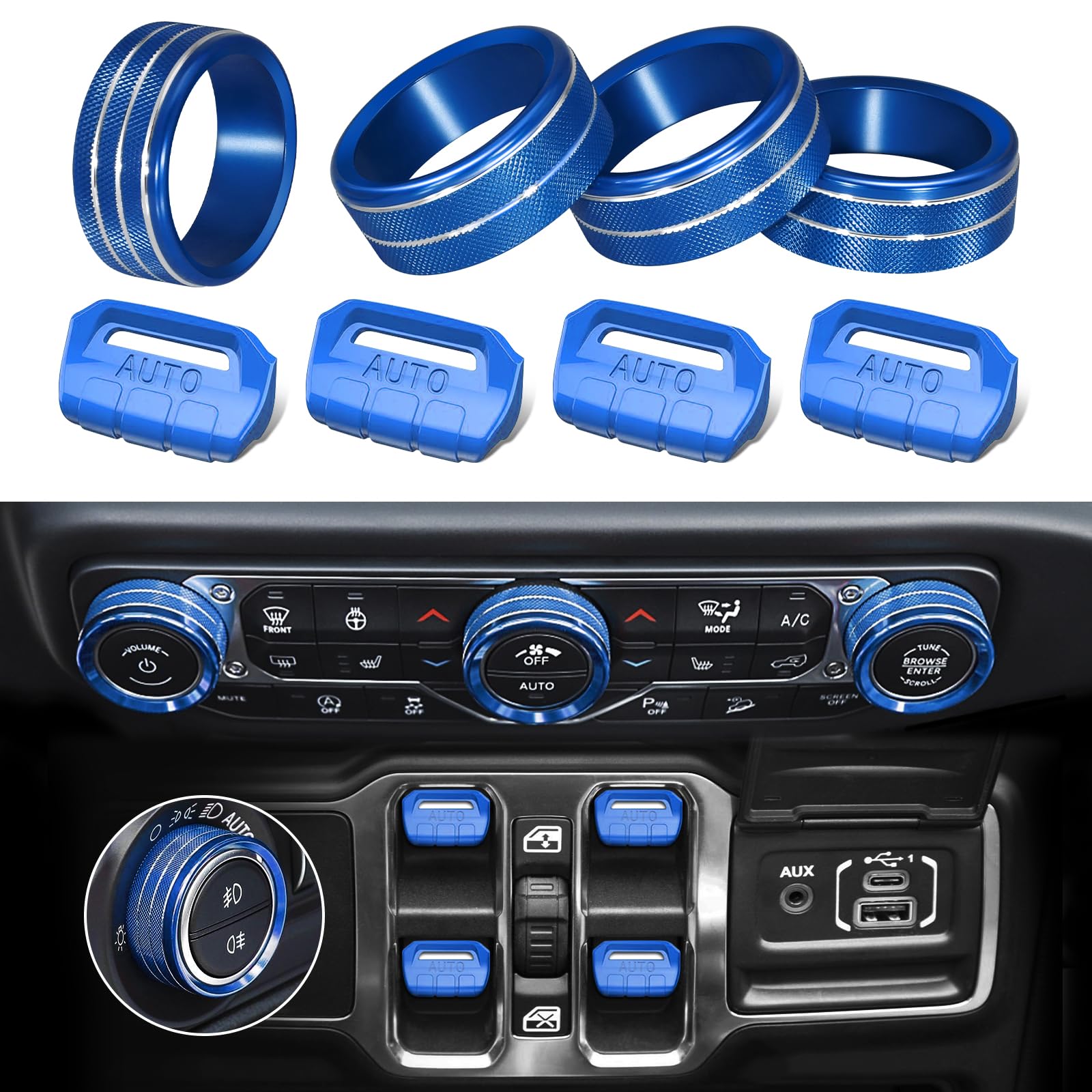 MOCHENT blue 8-piece button cover for Jeep Wrangler JL enhances interior style