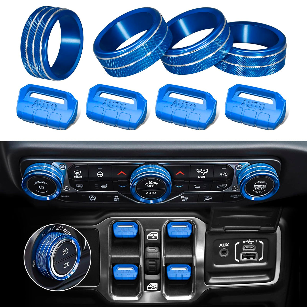 MOCHENT blue 8-piece button cover for Jeep Wrangler JL enhances interior style