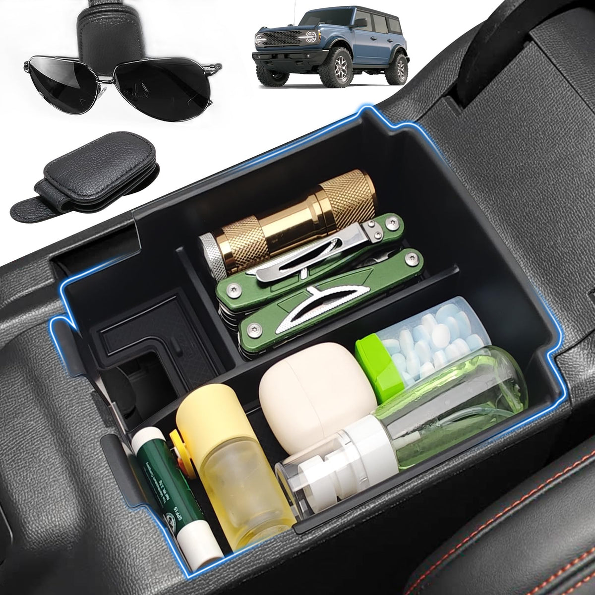MOCHENT center console organizer for Bronco 4-Door curved console keeps items within reach.