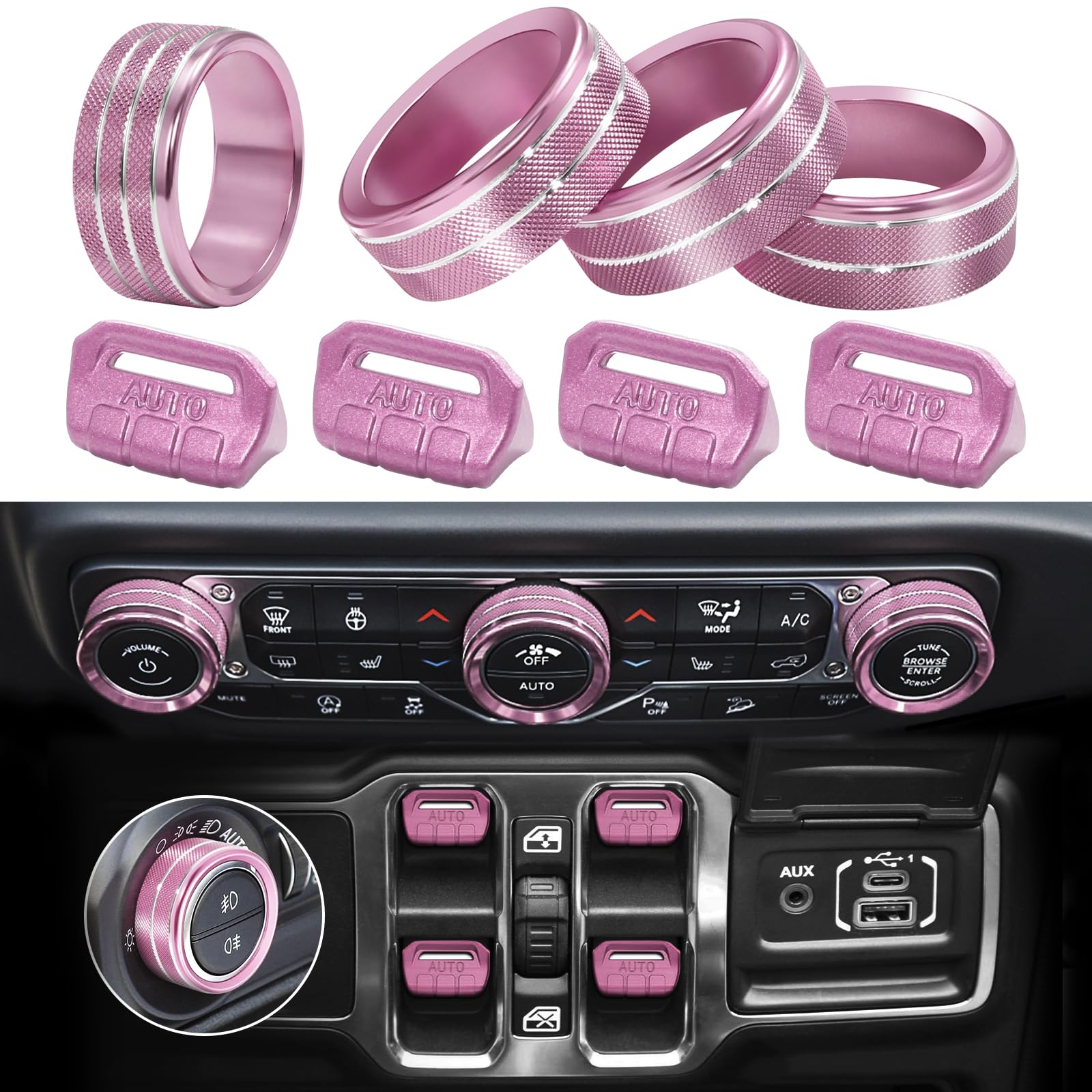 MOCHENT pink 8-piece button knob cover for Jeep Wrangler JL/JLU adds color and protection