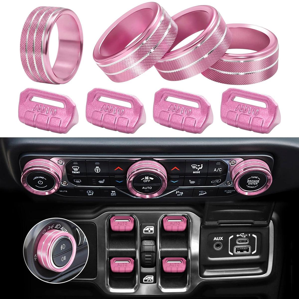 MOCHENT pink 8-piece button knob cover for Jeep Wrangler JL/JLU adds color and protection