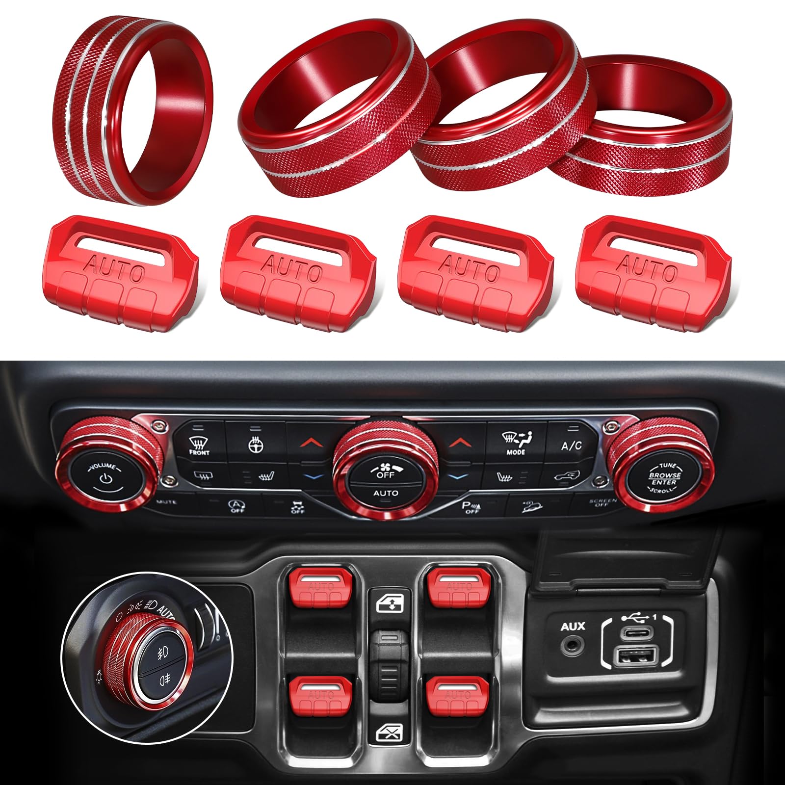 MOCHENT Jeep Wrangler JL red knob cover enhances grip and interior style.