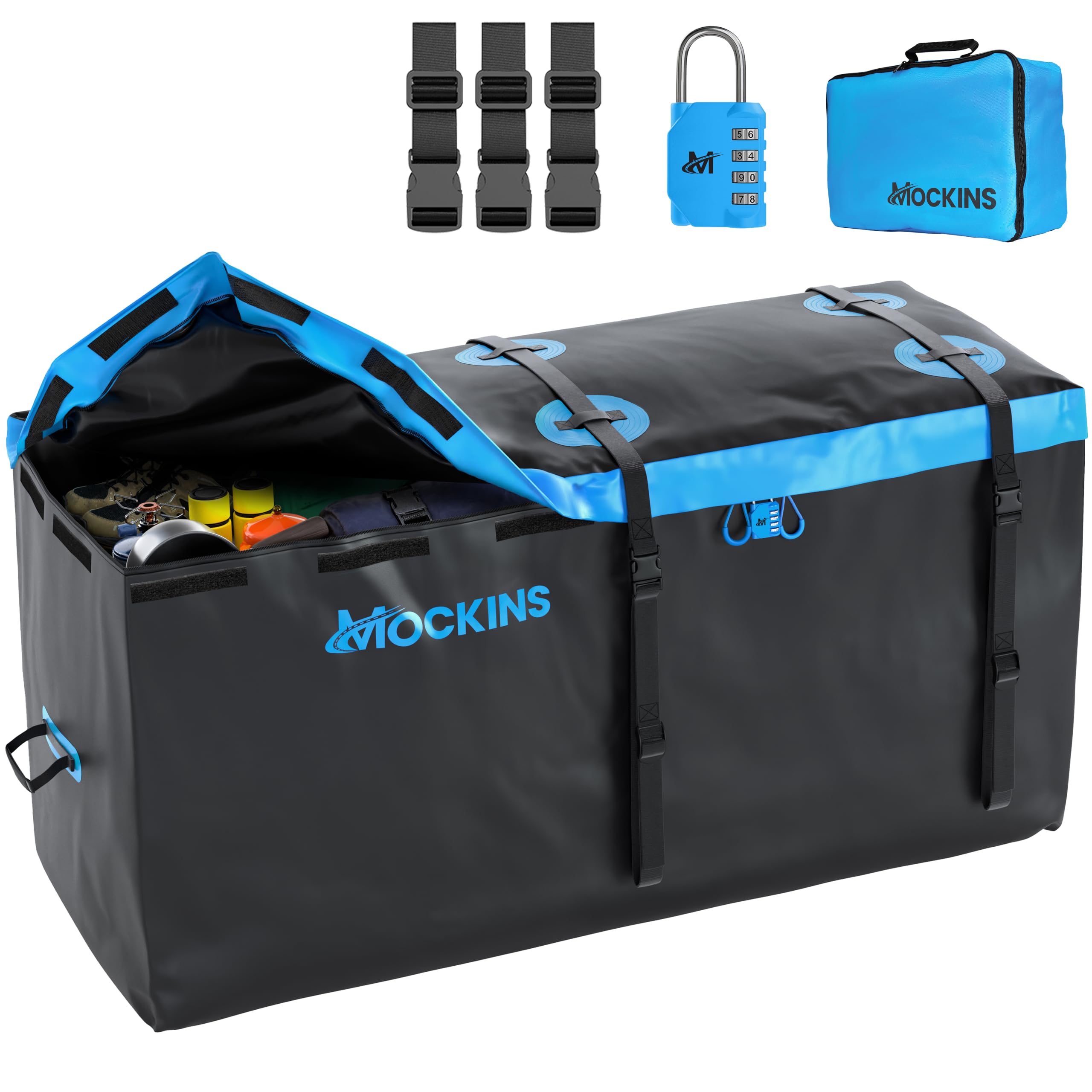 Mockins 25 cu ft hitch cargo bag mounted on a vehicle, maximizing hitch storage for trips.
