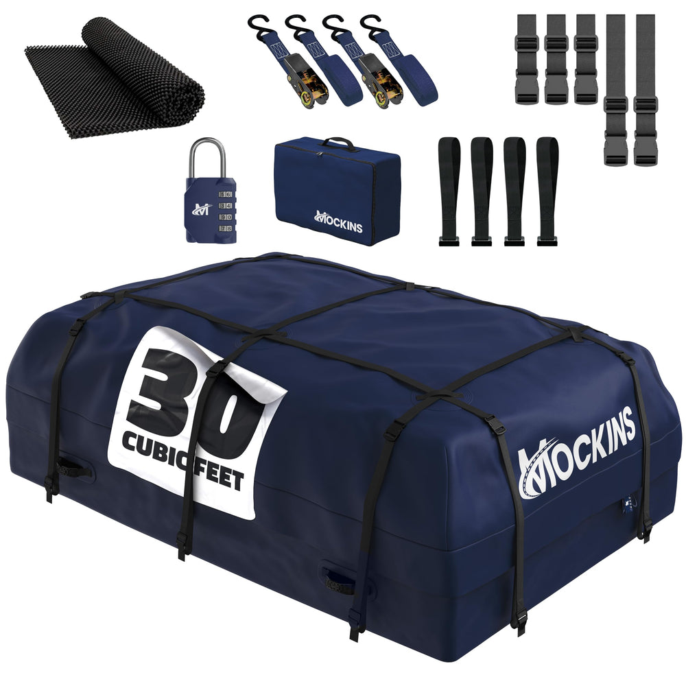 Mockins navy rooftop bag mounted on car roof for extra cargo space.