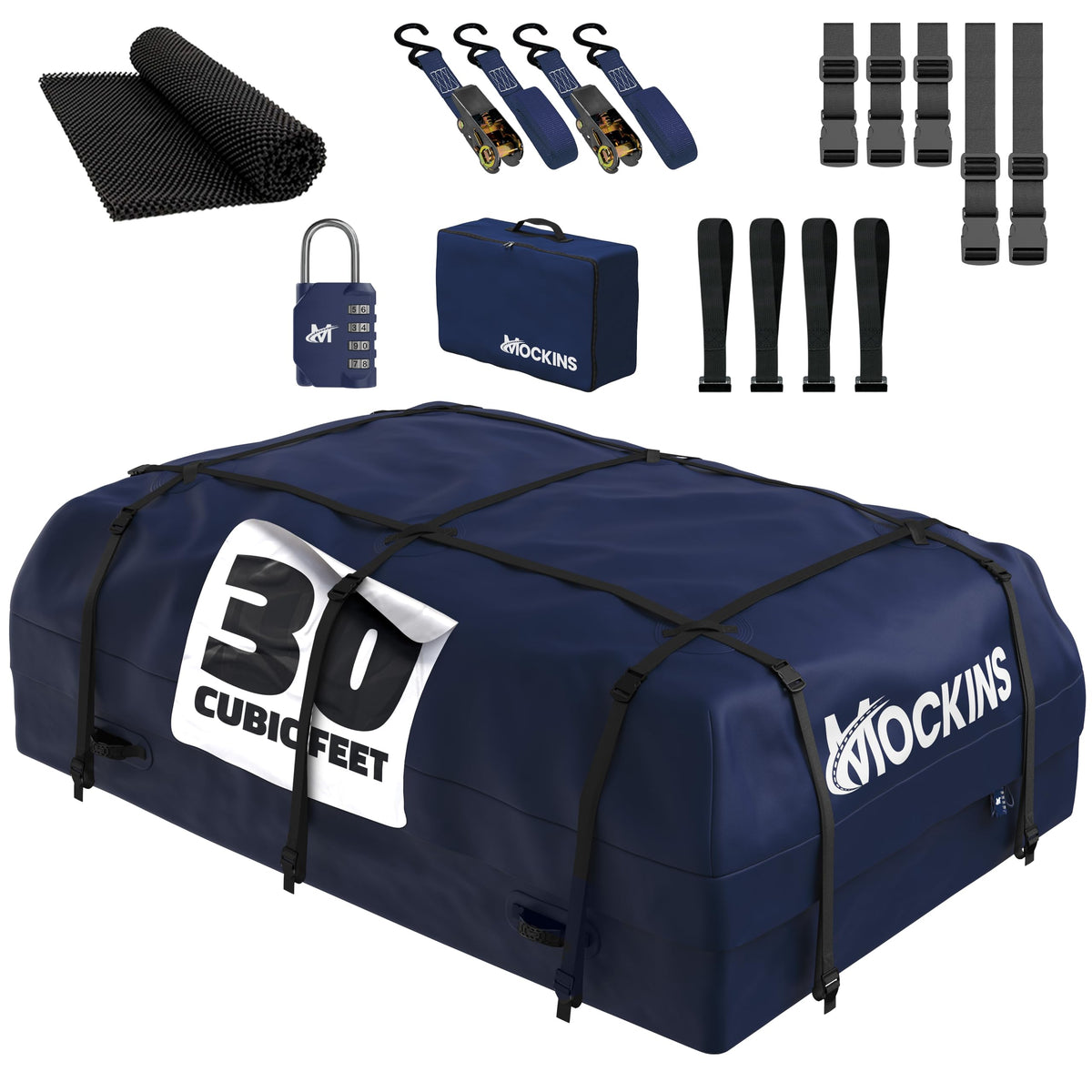 Mockins navy rooftop bag mounted on car roof for extra cargo space.