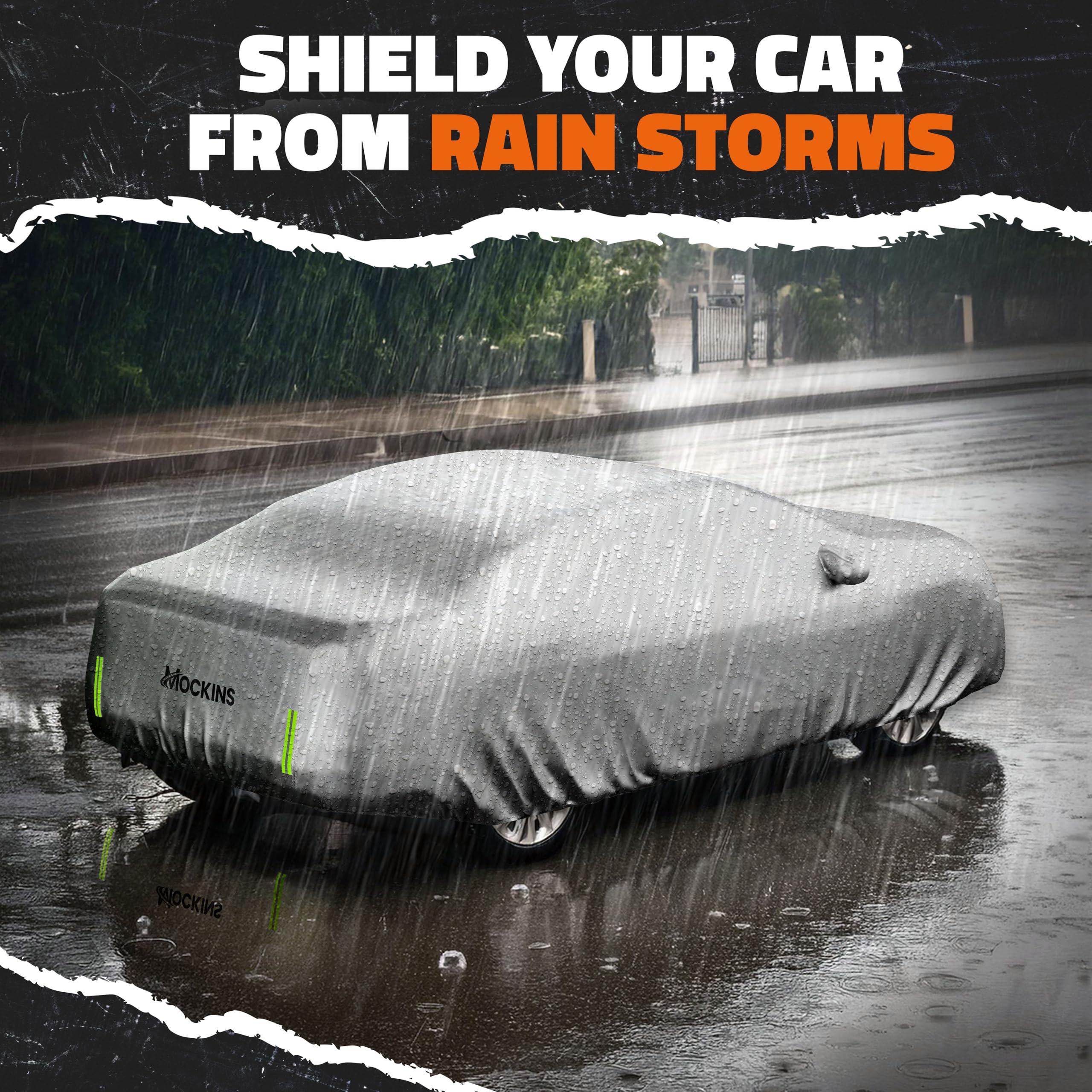 Mockins quick install car cover with buckle straps for easy setup.