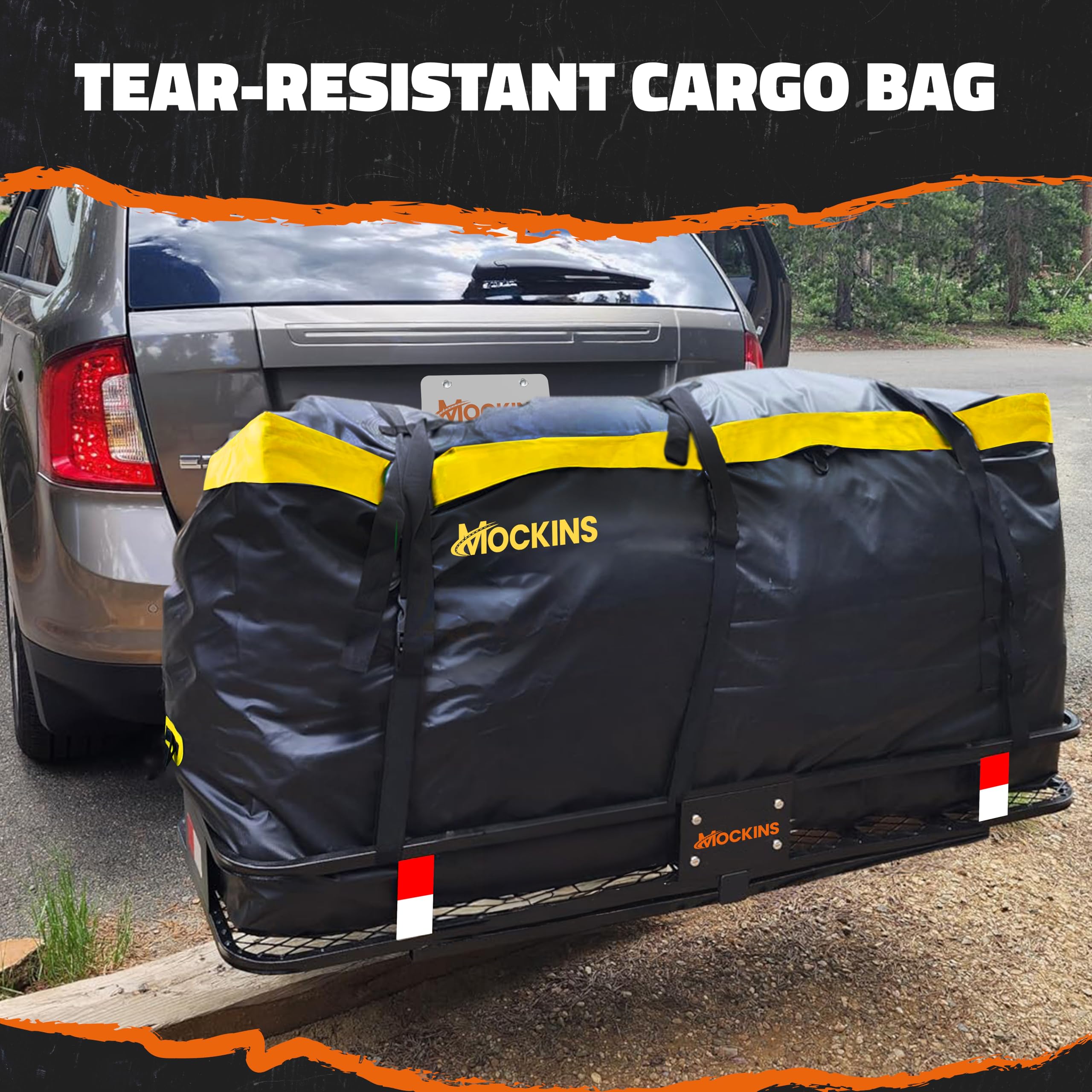 Mockins cargo bag with yellow-flap visibility and adjustable straps to prevent shifting