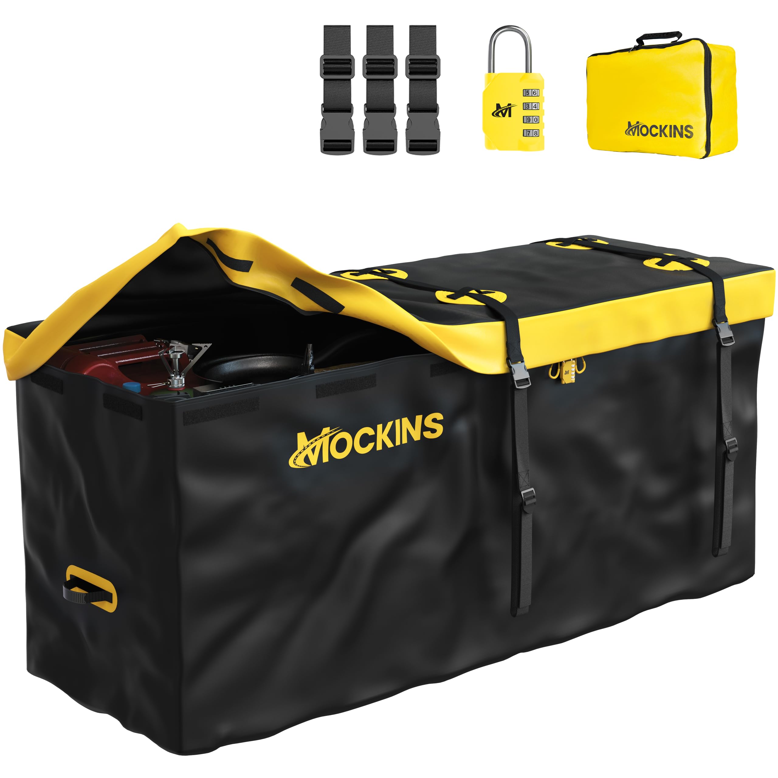Mockins hitch-mount cargo bag showing 60x20x29 dimensions for expansive trailer storage