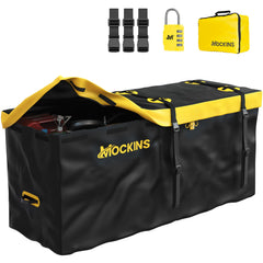 Mockins hitch-mount cargo bag showing 60x20x29 dimensions for expansive trailer storage