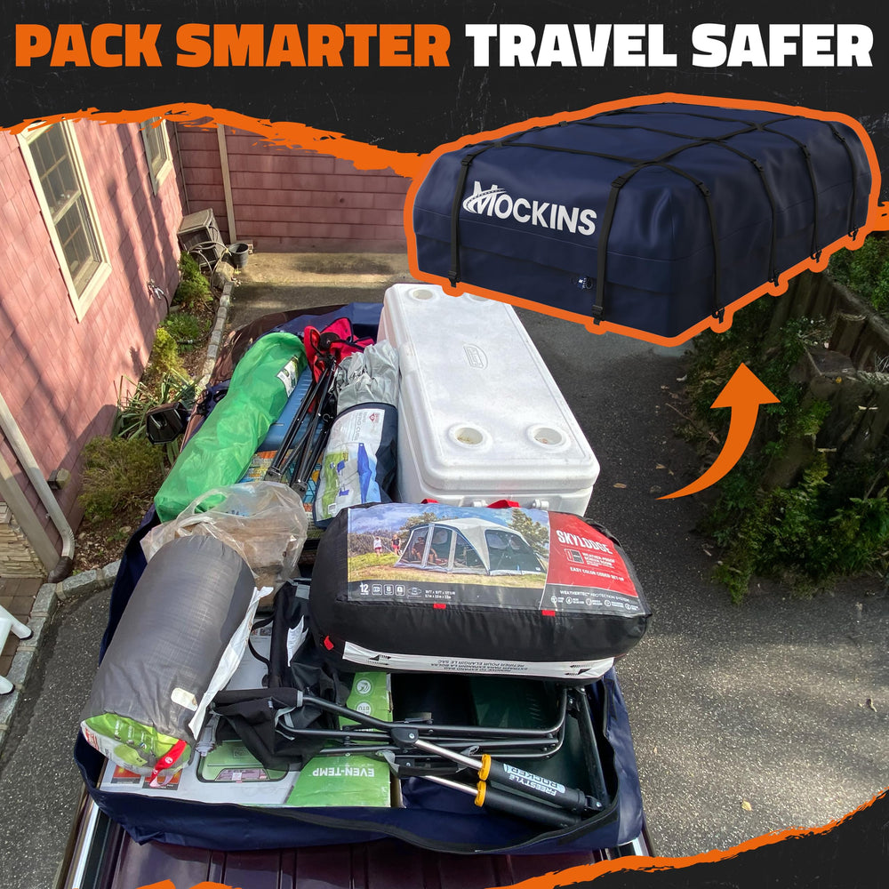 Loading suitcases into Mockins navy rooftop bag during travel.