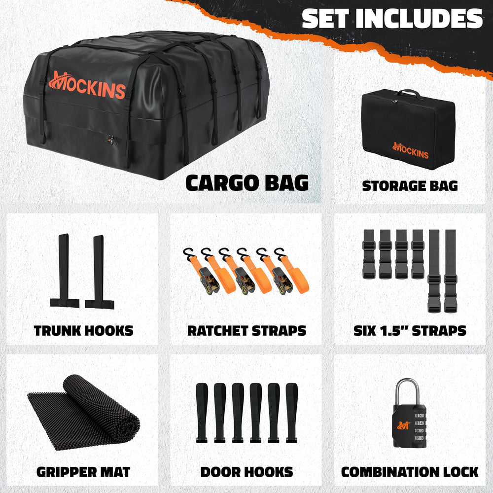 Mockins 10-year warranty badge on sturdy roof bag