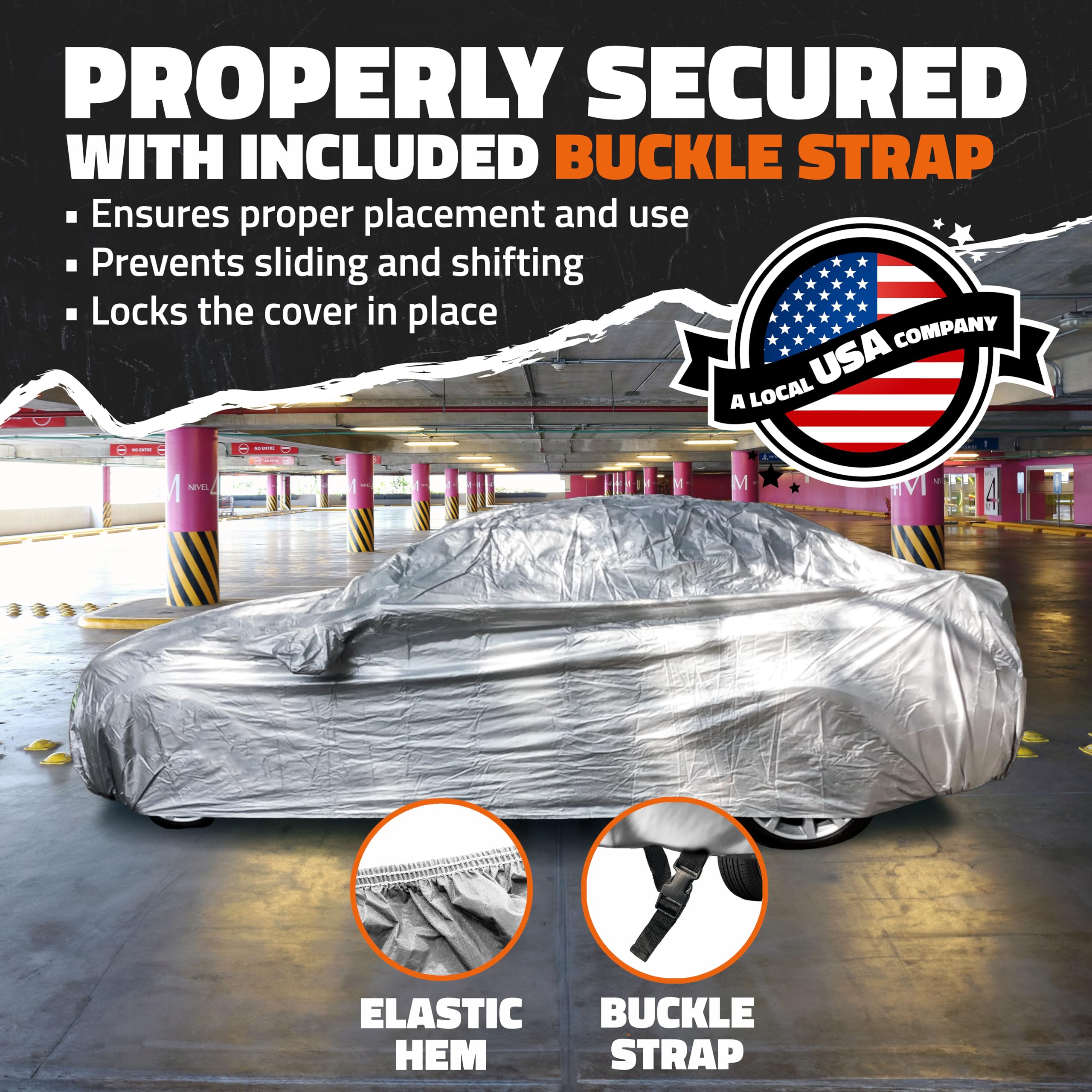 Mockins sedan car cover fully enclosed design shields the vehicle from weather.