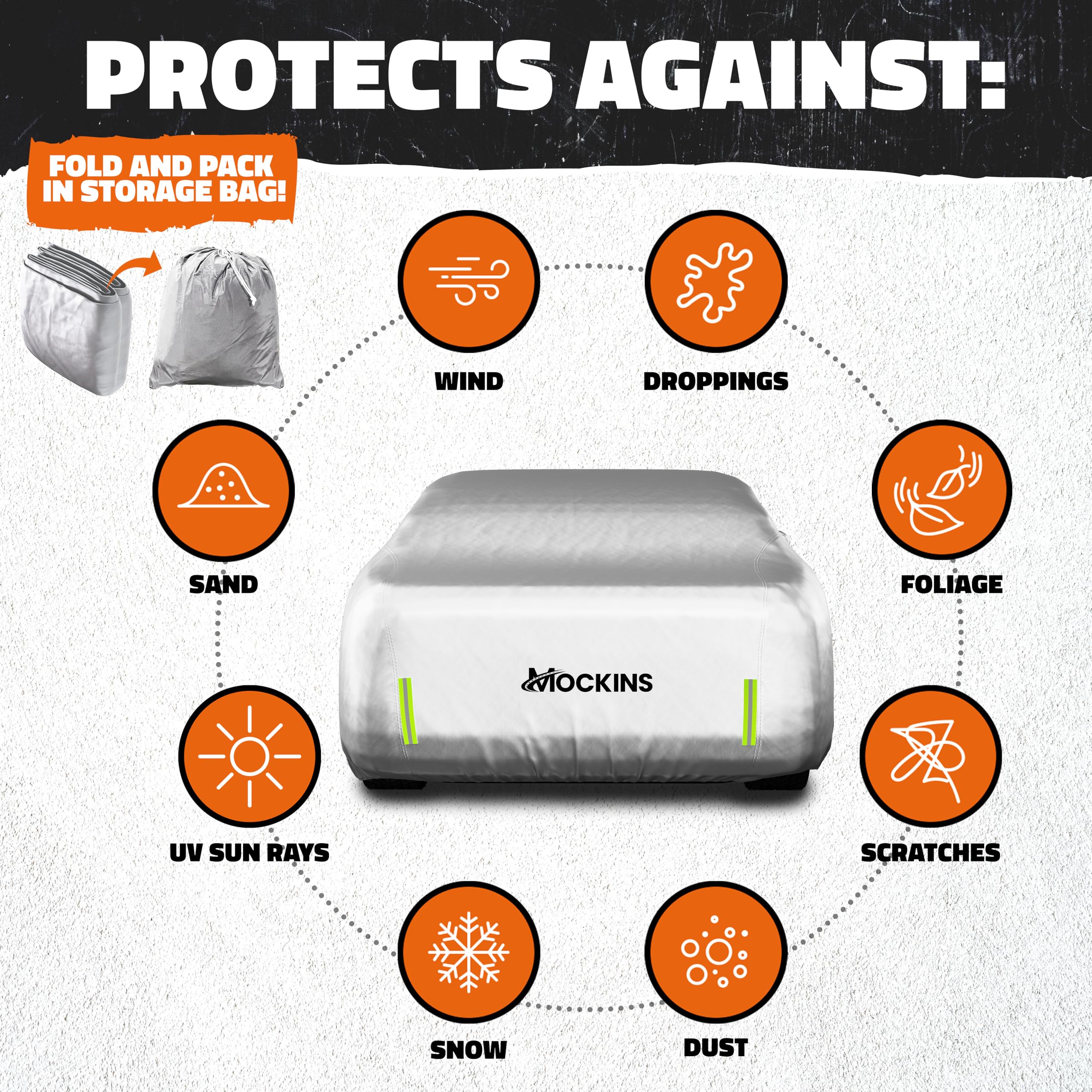 Mockins snow dust UV protection cover shields outdoor vehicle from elements.