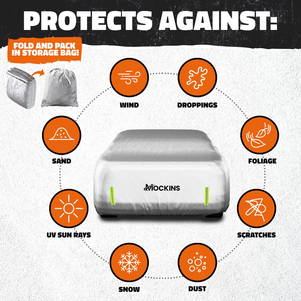 Mockins snow dust UV protection cover shields outdoor vehicle from elements.