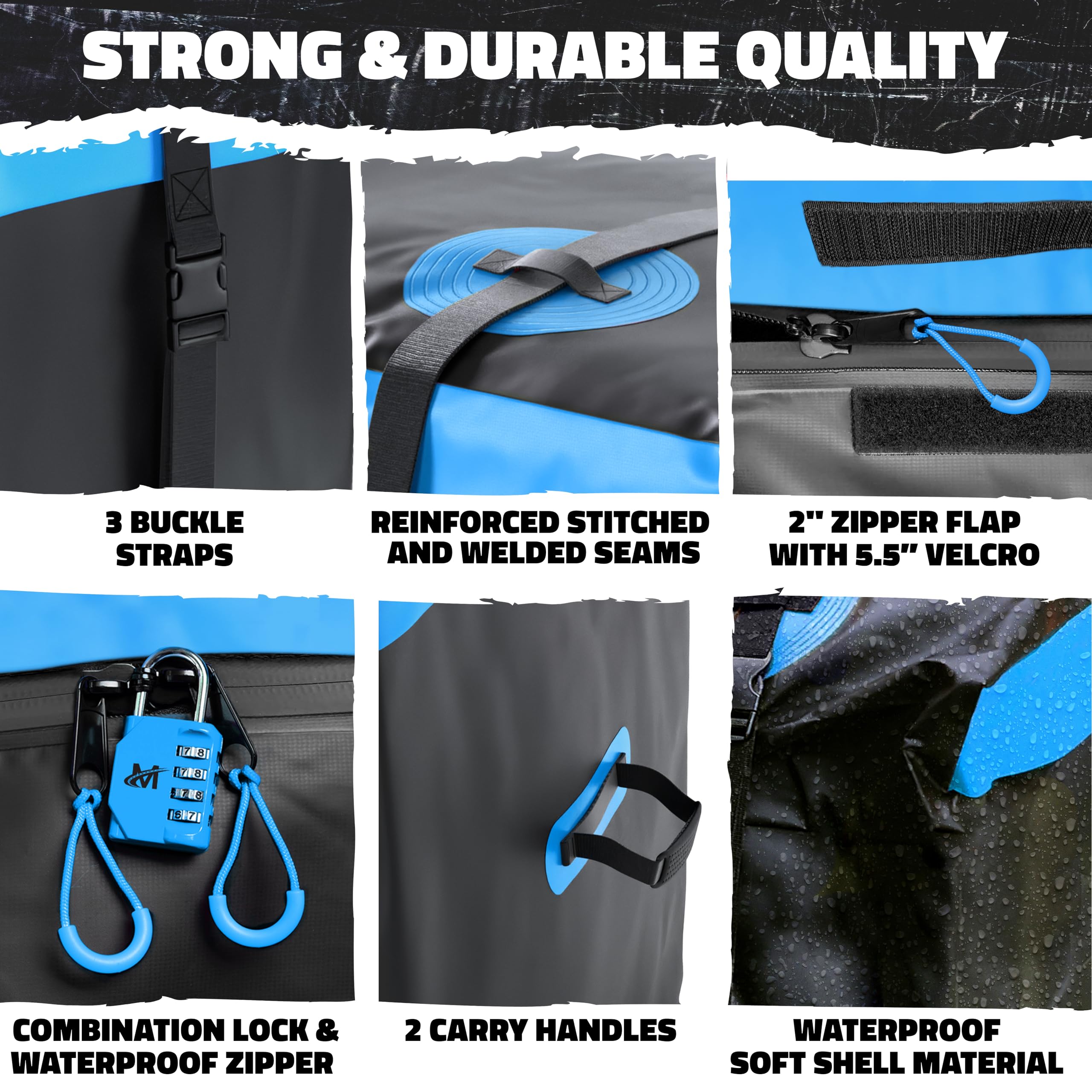 Mockins weatherproof vinyl cargo bag with side view, built to endure all-weather travel.