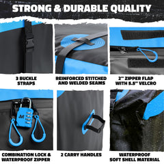 Mockins weatherproof vinyl cargo bag with side view, built to endure all-weather travel.