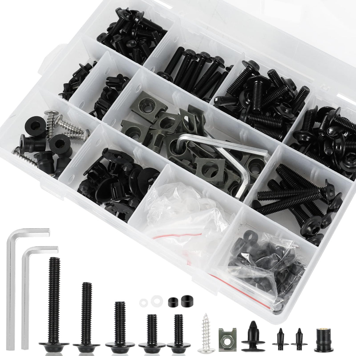 MOCODUO 195-piece stainless fairing bolt kit for bikes, universal fit and corrosion resistance.
