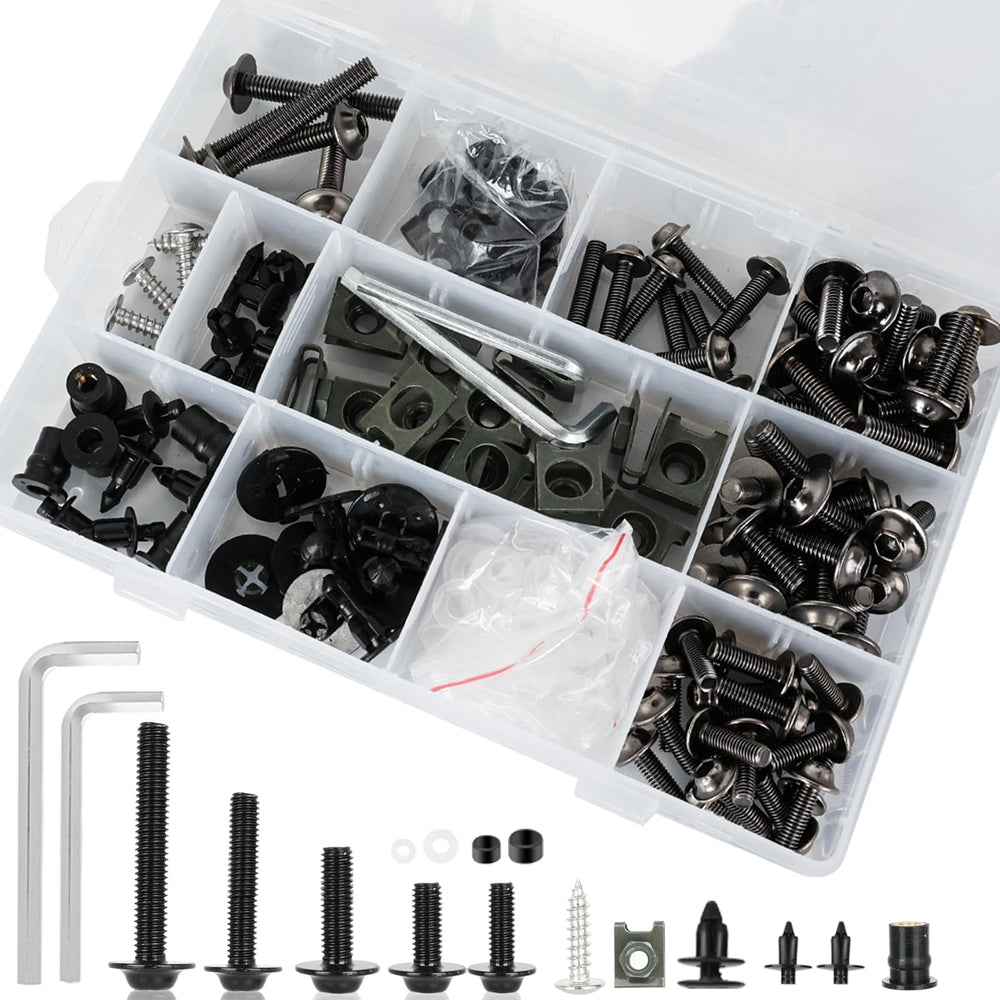 MOCODUO fairing bolt kit with M5 and M6 bolts for universal sportbike mounting.