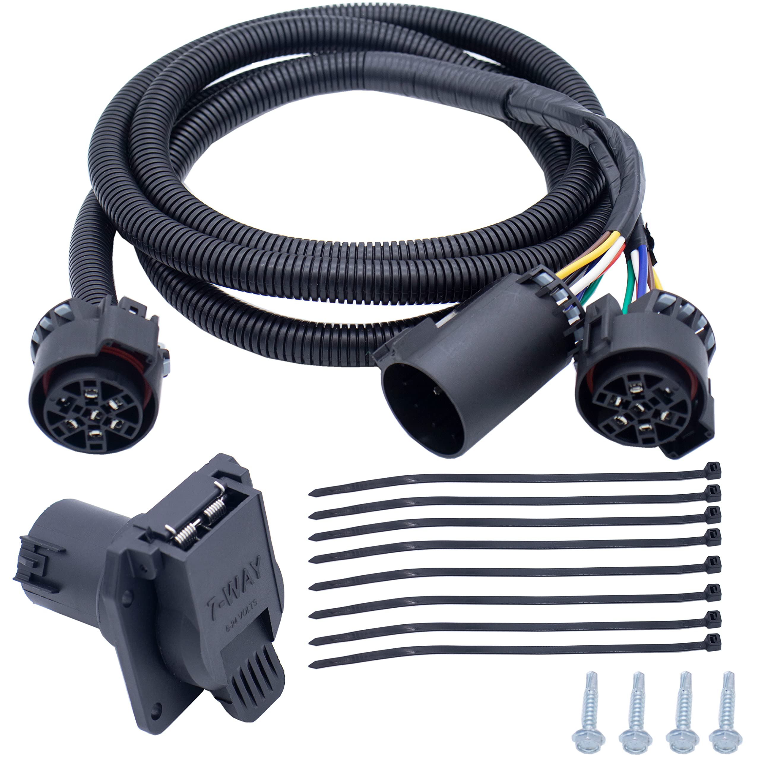 MOCW 7-Pin trailer harness extension in truck bed enables easy fifth-wheel wiring setup.