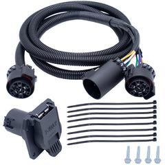 MOCW 7-Pin trailer harness extension in truck bed enables easy fifth-wheel wiring setup.