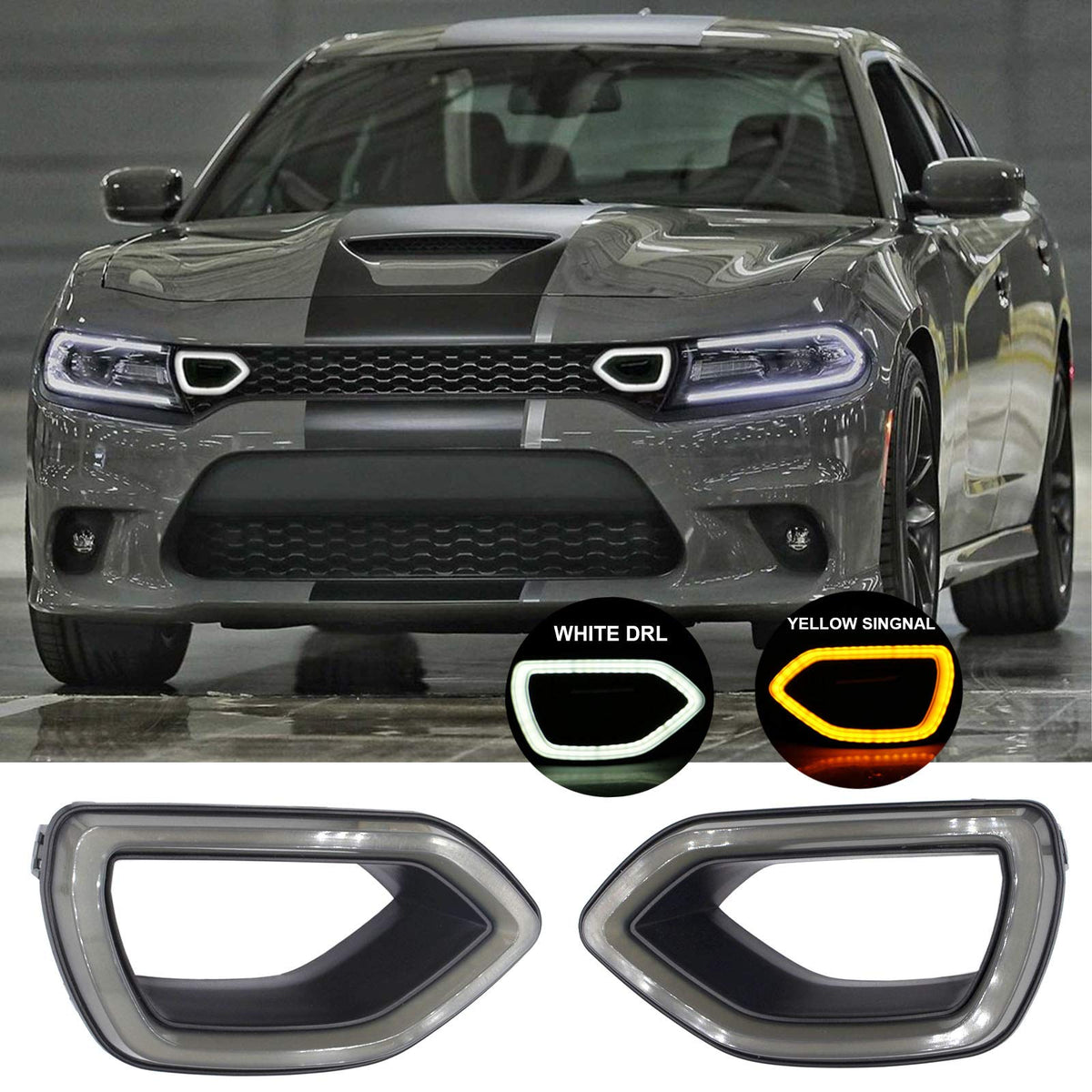 MOCW grille lights for SRT Scat Pack front-left smoke, enhancing night visibility