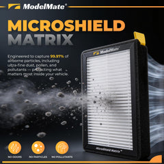ModelMate Tesla air filter closeup reveals activated carbon layer for odor control.