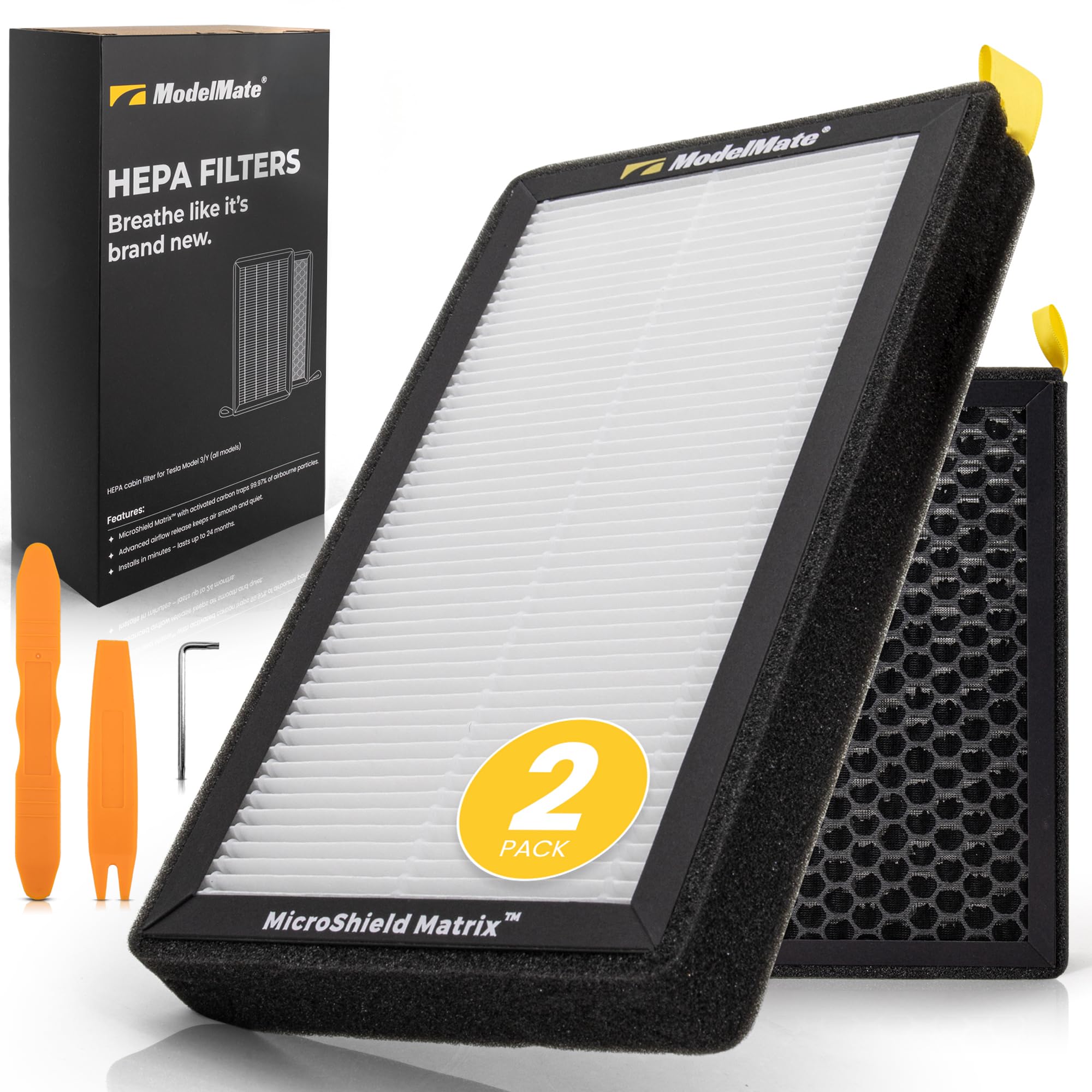 ModelMate Tesla air filter packaging shows two-pack ready for replacement.